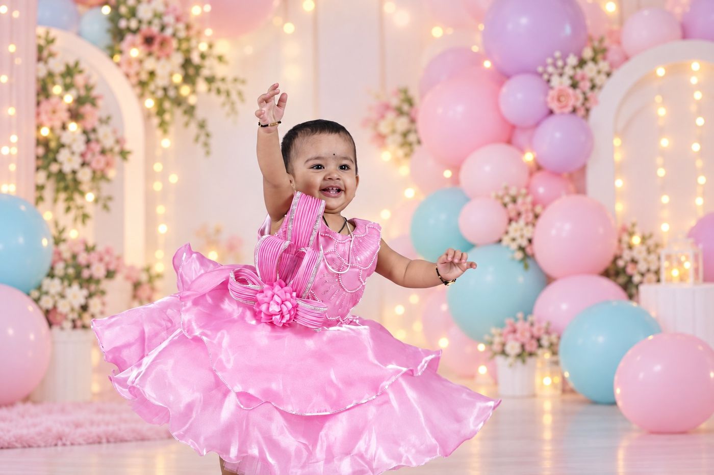 Baby girl twirling in a pink frock