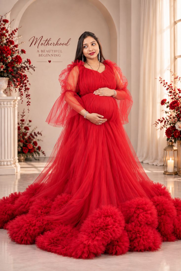Red tulle gown — Sourmi Studio, Pune