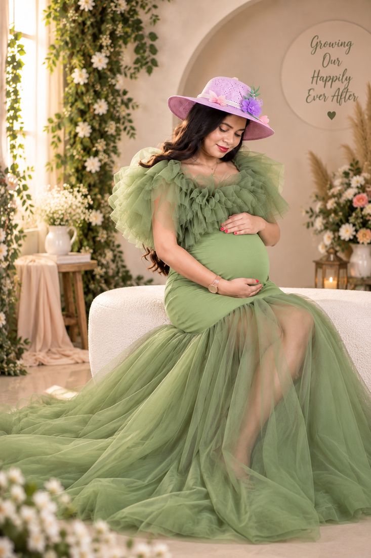 Sage gown, seated — Sourmi Studio, Pune